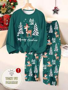 少女两件套睡衣，长袖针织上衣印有小鹿和圣诞树图案，搭配印花长裤，舒适家居服 - 綠色 - 查看 1