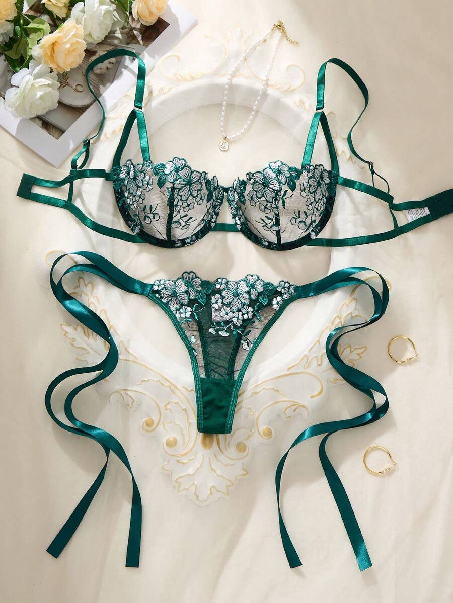 2 piezas Conjunto de lencería para mujer con bordado y cordones en color azul cielo - Verde Oscuro - Ver 1