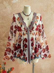 Soleia Damen Große Größen Urlaubs Strick Mesh Vintage Blumen V-Ausschnitt Langarm Fledermaus Bluse mit Vorderband - Verschiedenfarbig - Übersicht 7