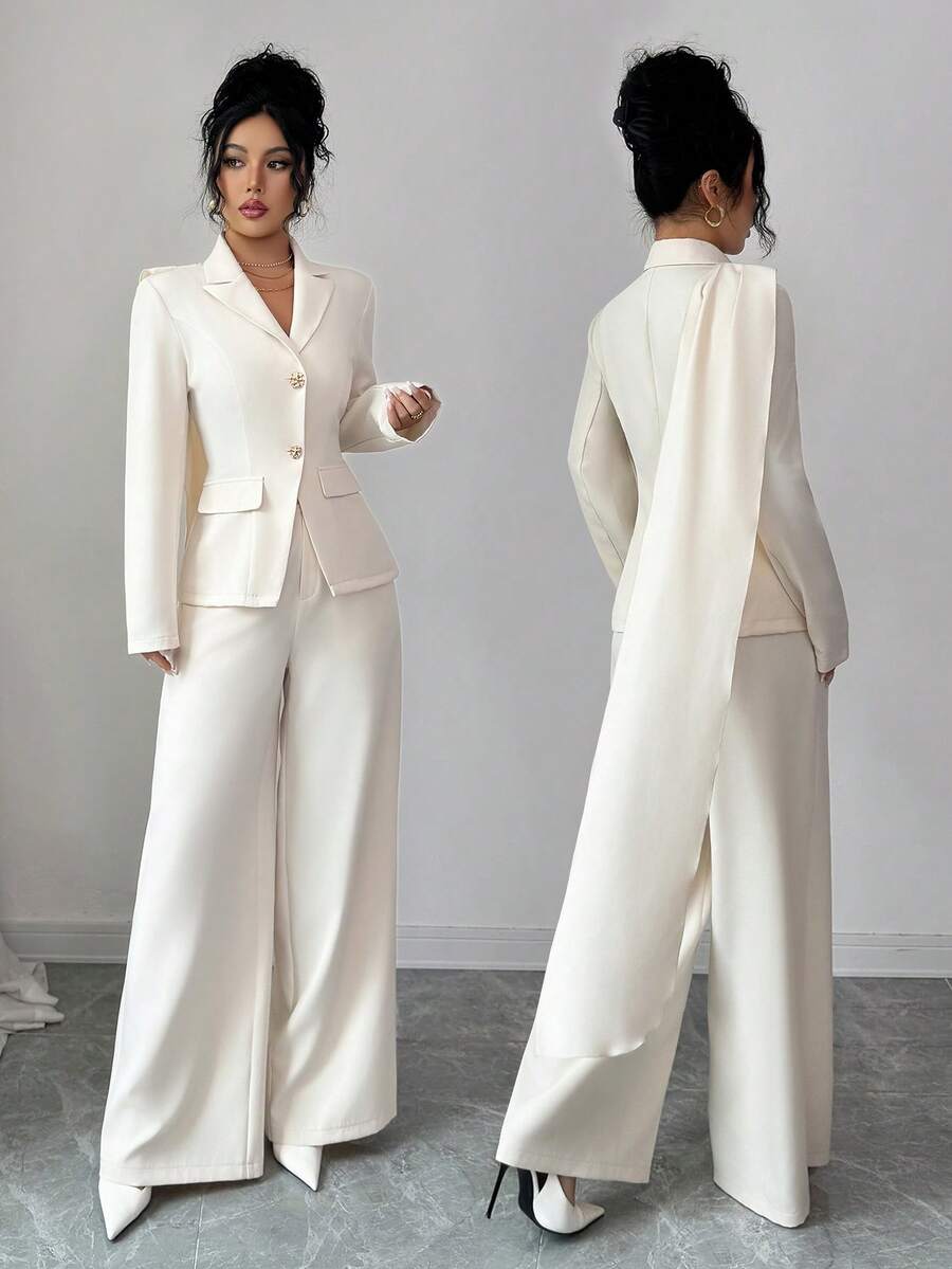 SHEIN Elenzya 女士标准尺码优雅金属扣西装套装,秋冬款 - 杏色 - 查看 1
