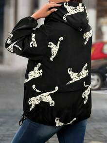 EMERY ROSE Plus Size Women Leopard Print Long Sleeve Zip Front Casual Hooded Jacket - Multicolor - View 2