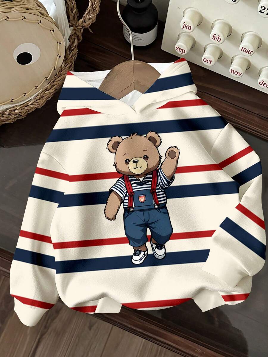 SHEIN Moletom infantil masculino casual, minimalista e clássico, listrado, com estampa de ursinho de pelúcia. Estilo fofo, folgado e confortável, em tricô macio, ideal para outono/inverno. - Multicolorido - Ver 1