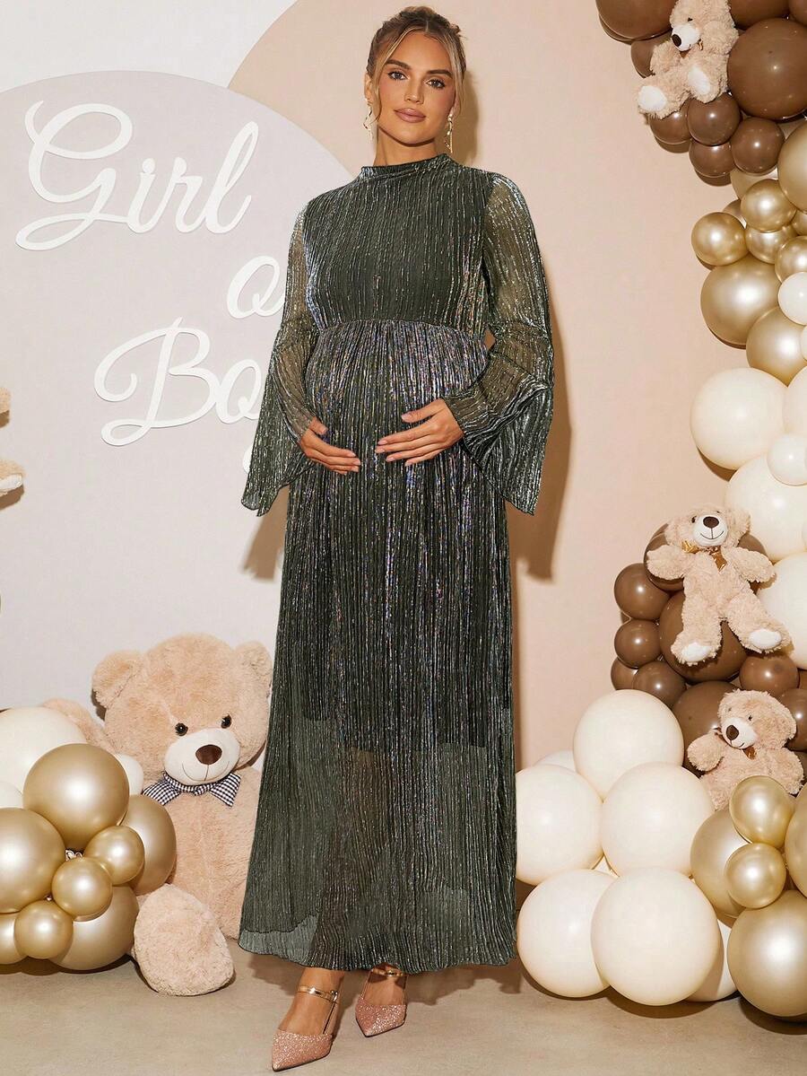 Loomaby 孕妇立领喇叭袖优雅连衣裙 - 橄欖綠 - 查看 1