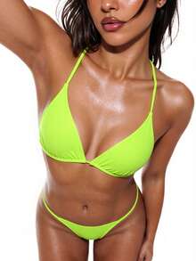 Swim Basics 2026 Spring/Summer Women's Vacation Special Fabric Spaghetti Strap Halter Neon Yellow Sexy Thong Bikini 2 Pieces Swimsuit - Lime Green - View 3