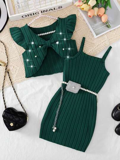 Elladie kids 2pcs/Set Young Girl Valentine's Day Elegant Knit Dress Set, Lace Trim Sleeveless Crop Top + Suspender Mini Dress, Spring Outfit