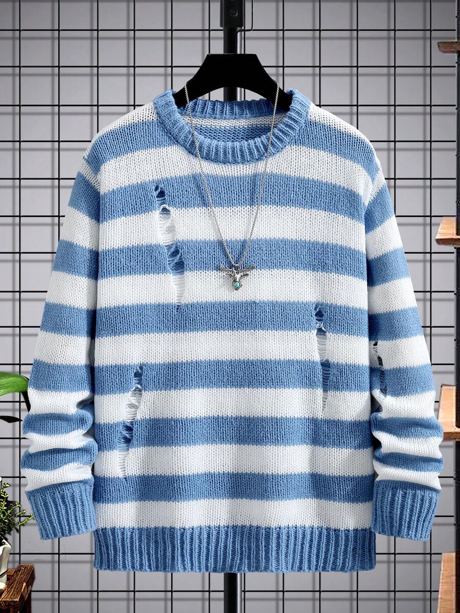 Manfinity Homme 男士休闲日常条纹破洞圆领毛衣,秋冬破洞长袖针织条纹毛衣 - 藍白色 - 查看 1