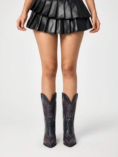 Fairycore Retro Square Toe Chunky Heel Western Cowboy Boots For Women, V-Cut Embroidered Riding Boots, Tall Boots 2025 New Arrival