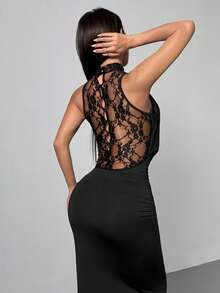 SHEIN PETITE 优雅黑色蕾丝高领修身连衣裙，适合春夏正式场合，也可作为婚礼宾客礼服 - 黑色 - 查看 3