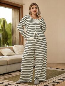EMERY ROSE Plus Size Women Striped Long Sleeve Button Design Top And Wide Leg Pants Casual 2 Pieces Set - Black and White - View 6