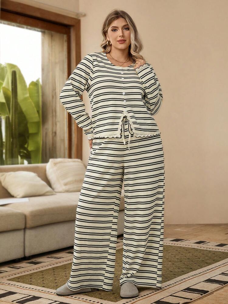 Plus Size Women Striped Long Sleeve Button Design Top And Wide Leg Pants Casual 2 Pieces Set