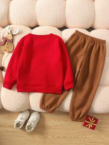 SHEIN 2件套男童休闲可爱卡通小鹿刺绣图案保暖内衬圆领卫衣和抽绳长裤针织套装，适合上学、花园、圣诞节、新年等各种场合，四季皆宜。 - 紅色 - 查看 8