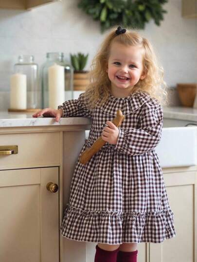 Souflis Souflis French Retro Brown Plaid Long Sleeve Peter Pan Collar Dress, Suitable For Outings, School, Gatherings, Parties And Other Occasions, Autumn/Winter Toddler Smock Dress Baby Vintage Dress Checkered Baby Clothes Baby Fall Dress