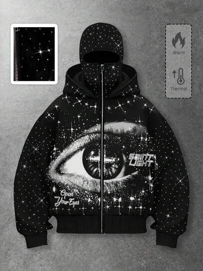 Street Life Sudadera con estampado gráfico y adornos de strass con estilo callejero punk para hombres, para otoño/invierno