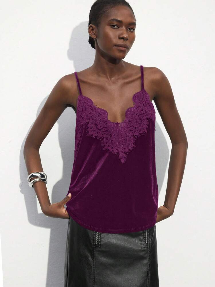 SHEIN Maija レース パッチワーク ベルベット キャミソールトップ、ビジネスカジュアル、バレンタインデー、夏のウェディングゲスト、ホリデーカミソールトップに優雅