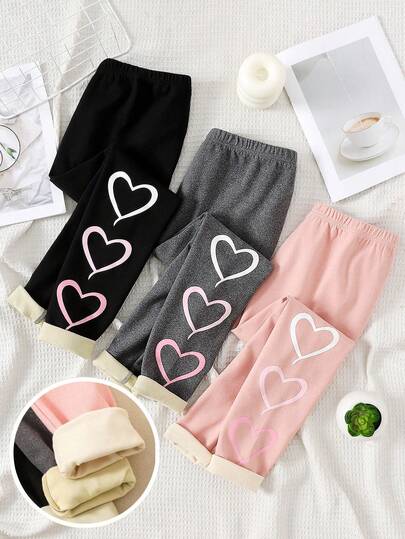 SHEIN 3pcs Tween Girls' High Waist Heart Printed Wool Lined Leggings, High Waist Elastic Compression Fleece Leggings 3pieces Set, Slim Fit . Autumn Winter Daily Wear