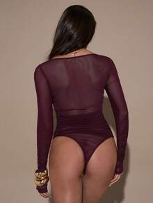 SHEIN BAE 女士纯色深V领长袖网纱性感连体衣 - 棕色 - 查看 3