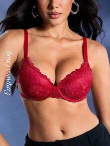 Women's Fashionable Floral Lace Underwire Lingerie Bra - Red - View 4