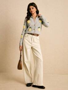 Poéselle 女式水果刺绣长袖单排扣休闲针织开衫，秋冬 - 淺藍色 - 查看 8