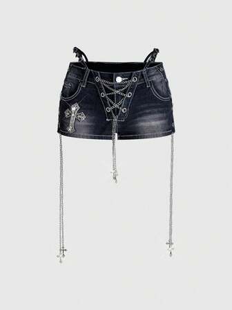 ROMWE Avant Short en jean ultra taille basse décoratif style rétro Gyaru biker pour femmes