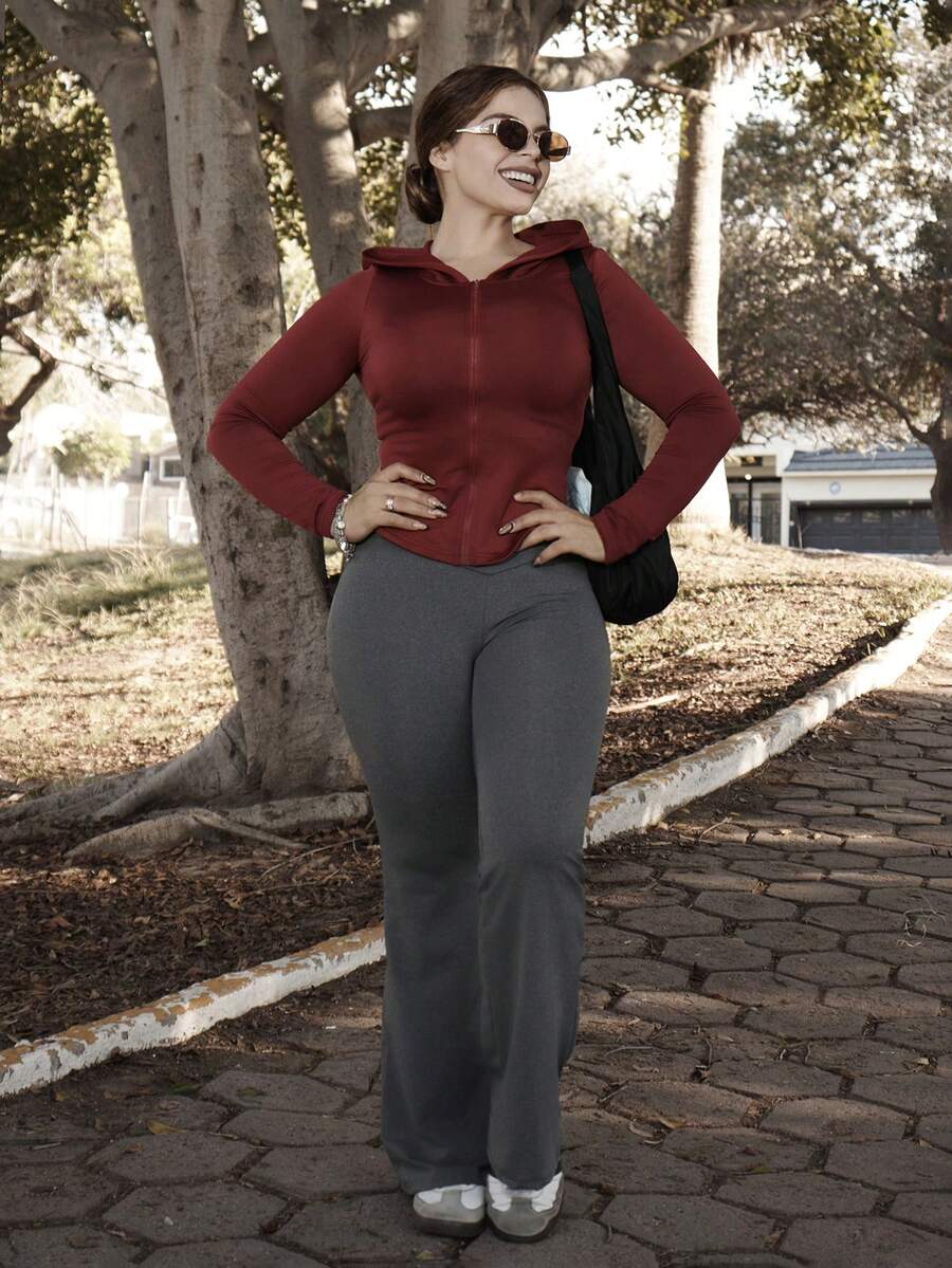 Lupita Cardoza Pantalones acampanados de cintura alta con diseño envolvente de unicolor simple - Gris Oscuro - Ver 1