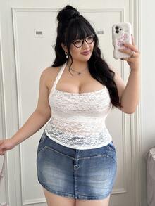 CovetEZ 大码性感蕾丝吊带背心 - 白色 - 查看 6