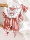 Newborn Baby Pajamas-2 Piece Pajama Set Ruffle Peter Pan Collar Footed Romper Long Sleeve Full Length Sleep Suit With Bow Headband Matching Gown Pastel Pink Vintage Holiday New Year 2026 Four Seasons Loungewear Elegant Princess Gift Valentine's Day