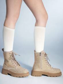 Sugerpunk Cuccoo 时尚水钻装饰厚底靴 - 杏色 - 查看 5