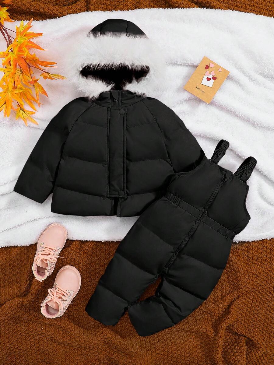SHEIN Bộ 2 áo khoác có mũ lót giữ nhiệt màu đen dễ thương cho bé gái và quần yếm, mùa thu/đông - màu đen - Xem 1