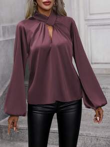 EMERY ROSE Women's Solid Color Cutout Raglan Sleeve Elegant Blouse - Maroon - View 6