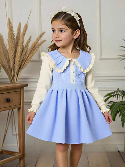 Young Girls' Elegant Versatile 2025 New Sweater Dress, Blue Knitted Pullover With Stylish Cable Knit, Elegant Waist Cinch & Ruffled Wide Lapel/Crew Neck, Soft Lazy Vibe Long-Sleeve Outerwear, Easy To Match With Tights/Boots, Suitable For Daily Commuting, Festival Wear & Autumn Winter Dresses Blue Fluffy Kids Girls Spring And Autumn Dress Girls Pastel Long Sleeve Dress Autumn And Winter Young Girls Dressse Girls Long Sleeve Knitted Dress Blue School Dresses For Girls Light Blue Kids Dress