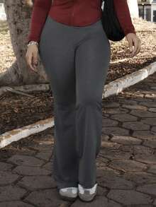 Lupita Cardoza Pantalones acampanados de cintura alta con diseño envolvente de unicolor simple - Gris Oscuro - Ver 6