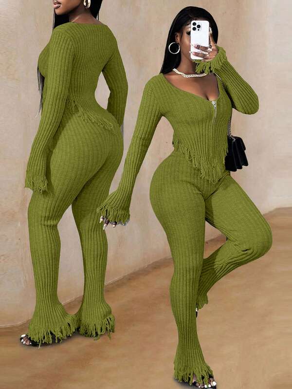 BamGleam 2pcs Women Autumn/Winter Zipper Tassel High Waist Sexy Knit Sweater Set