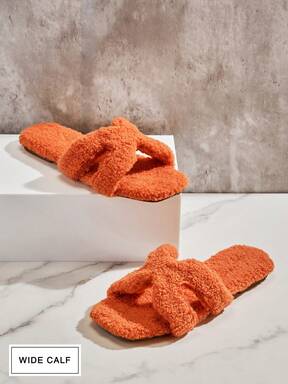 SHUZIA Wide Fit Orange Plush Fuzzy Harness Ctu Out Slides | Luxury Designer-Inspired Fluffy Sandals For Women