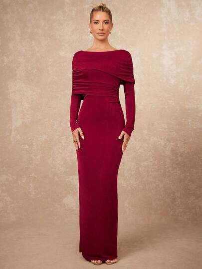 Lumalex Vestido casual, elegante y de fiesta de mujer con cuello redondo pequeño, manga larga elástica y asimétrica, drapeado y fruncido, de punto, para otoño/invierno