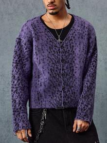 ROMWE MEN Street Life Cardigan Rajut Pria Lengan Panjang Bermotif Leopard, Kancing Tunggal, Musim Dingin - Purple - View 2