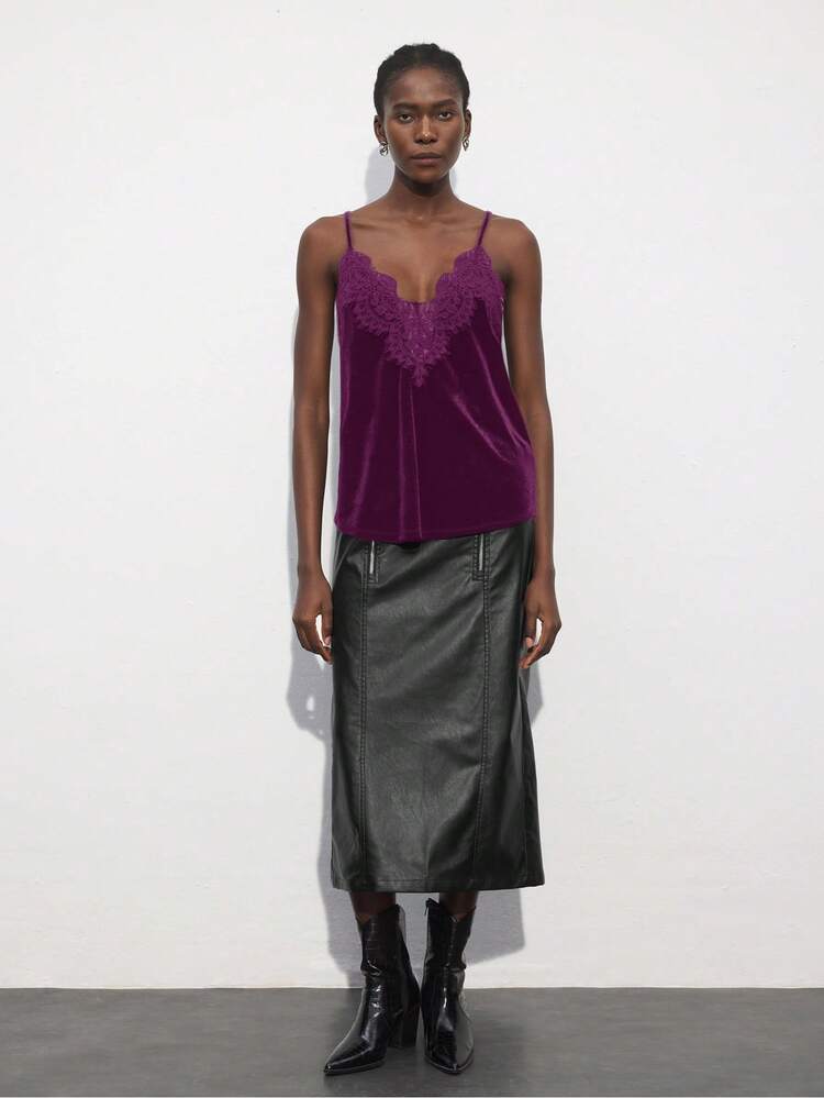 SHEIN Maija レース パッチワーク ベルベット キャミソールトップ、ビジネスカジュアル、バレンタインデー、夏のウェディングゲスト、ホリデーカミソールトップに優雅
