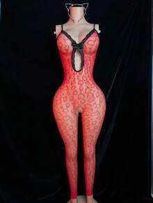 SHEIN 2pcs Women's Sexy Bodystocking Lingerie Set ClassicAnimalPrint - Red - View 3