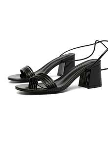 CUCCOO SZL Sandalias de tacón grueso con punta redonda, de moda para mujer, con cordones y diseño minimalista cómodo - Negro - Ver 3