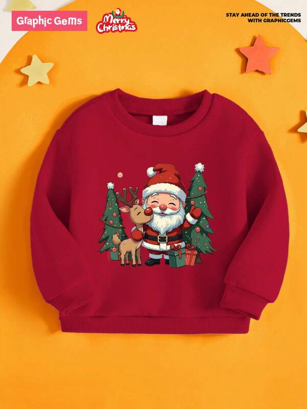 GraphicGems Moletom com capuz de manga comprida e gola redonda, estampa de Papai Noel e rena, estilo pré-adolescente, roupa de inverno confortável, adequada para o Natal, trajes festivos, moletom com capuz de inverno, item de moda