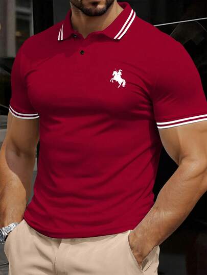 Manfinity Dauomo Plus Size Men Plain Color Block Front Button Short Sleeve Minimalist Print Polo Shirt