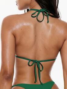 Swim Basics Solid Color Triangle Cup Bikini Top, Sexy For Beach Vacation - Dark Green - View 2