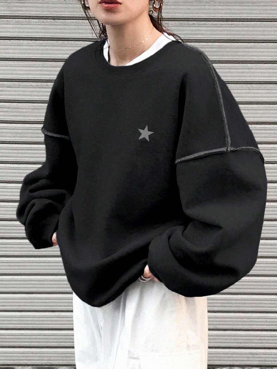 FRIFUL 女士撞色滚边五角星图案圆领长袖上衣 - 黑色 - 查看 1