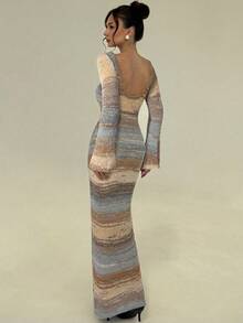 Aloruh Rochie lungă tricotată cu dungi, stil vintage, versatilă, toamnă/iarnă, pentru femei, sexy, cu spate deschis, mânecă lungă, ajustată