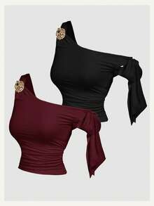 SHEIN MOD 2件装蝴蝶结金属3D花朵装饰女士吊带背心 - 酒紅色 - 查看 11