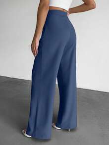 SHEIN Tall Calça casual feminina tamanho grande, cor sólida, cintura alta, plissada, perna reta - Azul Empoeirado - Ver 2