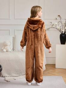 Girls Cute Brown Bear Animal Cartoon Cozy Pajamas Jumpsuit Teen Girl Sleepwear Winter Pajamas For Girls 10 Year Old Clothes Pajama Girls Brown Pajamas - Brown - View 2