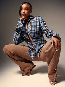Women Twisted Front Low Neck Plaid Top - Blue - View 4