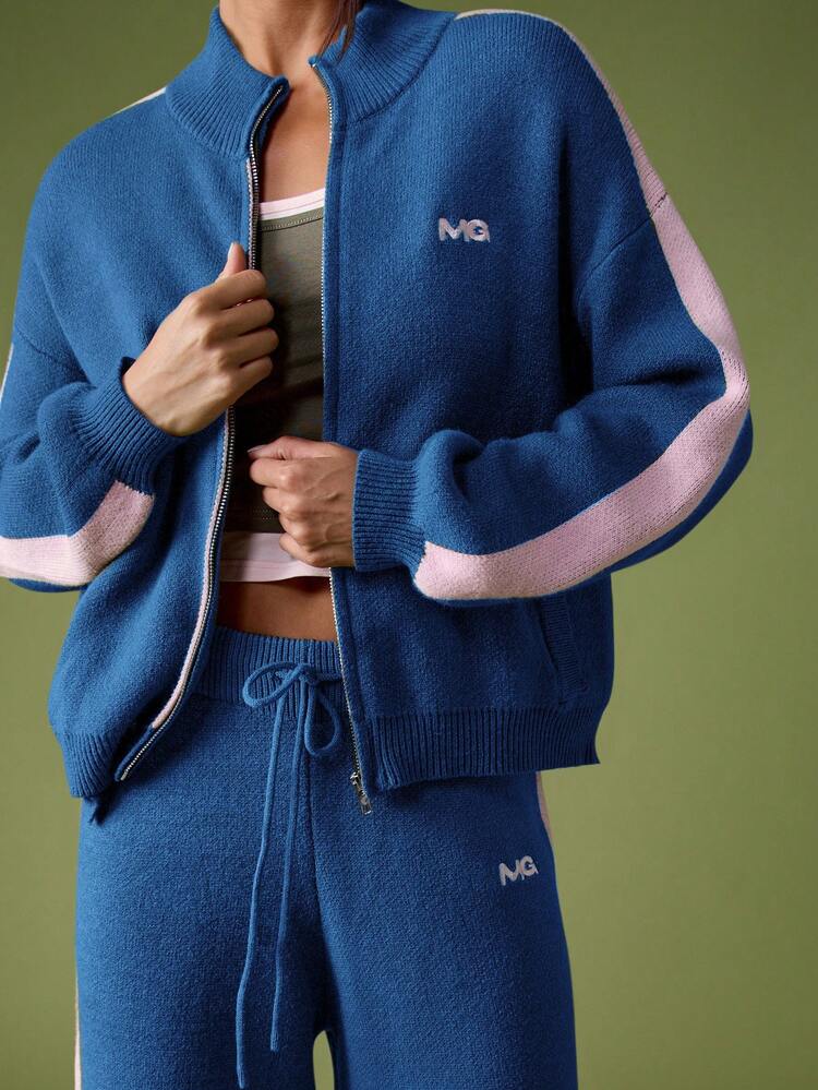 MISSGUIDED Calça Pantalona de Malha com Detalhes em Listras Rosas e Logotipo Bordado, Calça Casual de Descanso