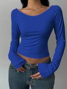 SHEIN BASICS Camiseta de manga larga de cuello ancho acanalado minimalista y casual para mujer, versátil, capa base, otoño/invierno - azul real - Ver 3