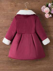 SHEIN Áo khoác dày dáng dài vừa phải, chất liệu vải nhung sang trọng thanh lịch dành cho bé gái + lớp lót lông cổ áo cỡ lớn, nút kim loại trang trí, nơ eo - Màu Đỏ Sâu - Xem 2